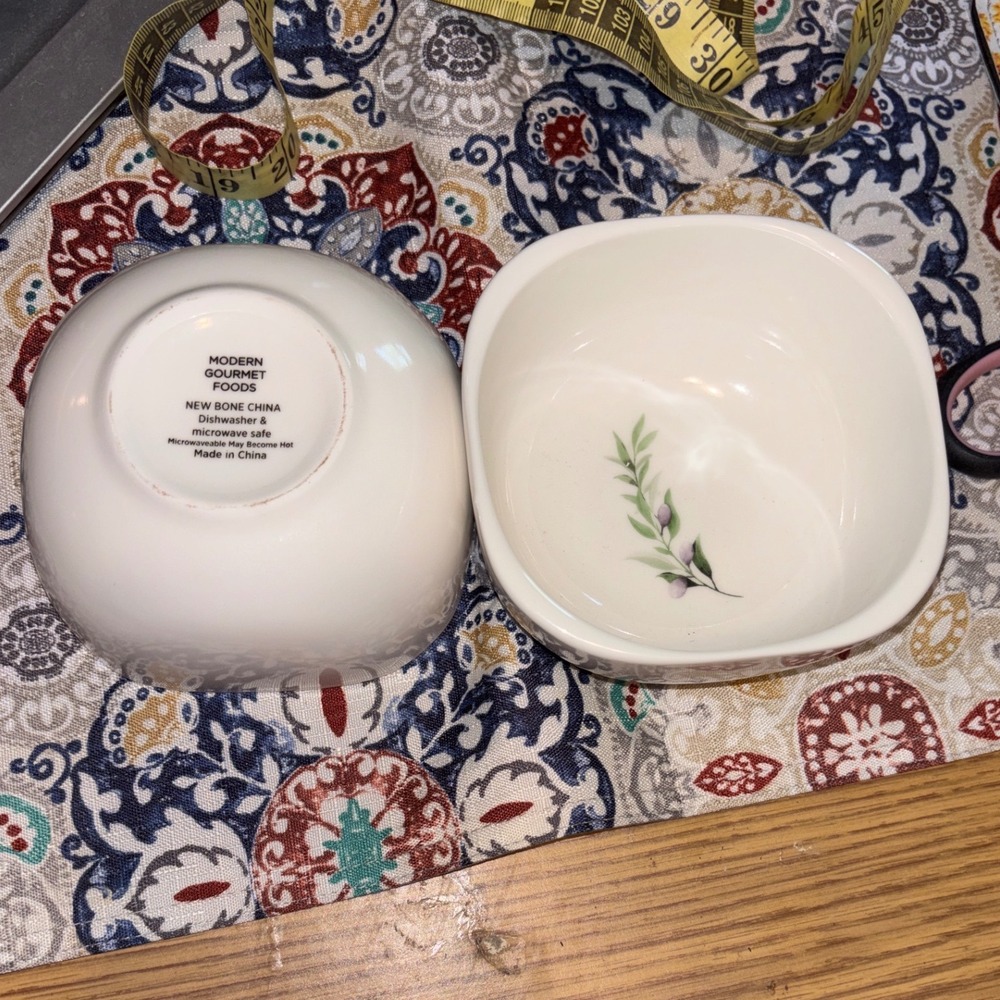 Modern Gourmet Foods New Bone China Olive Branch Dipping Bowls Set of 2 White